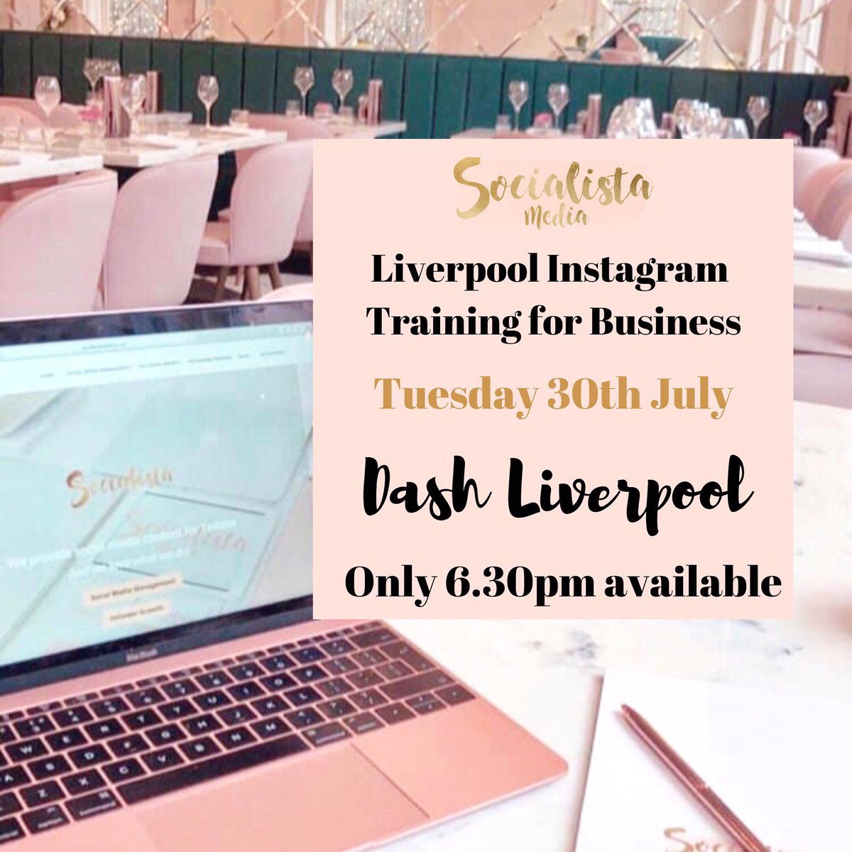 💖 INSTAGRAM FOR BUSINESS LIVERPOOL TRAINING 💖
Info
📍 Dash Liverpool Restaurant &amp; Bar
📆Tuesday 30th July
⏰ Slots available: 6.30pm
2️⃣Duration: 2 hours
👛 £100 + VAT for 1 person
👛 £150 + VAT for 2 people
💻 To book visit socialistamedia.co.uk/product/instag…
#liverpoolbusiness