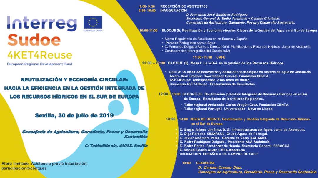 💧📆Next Monday (30th July, 9h) the <a href="/4KET4Reuse/">4KET4Reuse Project</a> final dissemination event will take place in #Sevilla at <a href="/AgriculturAnd/">Consejería AgriPesca</a>! Check the program ➡️bit.ly/2Y8CCHu | Register at participation@centa.es

#water #Innovation #CircularEconomy #reuse #EmergingTechnologies