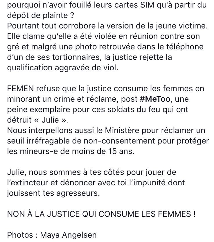 AU FEU AU VIOL ! 
« Julie », nous sommes à tes côtés pour jouer de l’extincteur et dénoncer avec toi l’impunité dont jouissent tes agresseurs. 

NON À LA JUSTICE QUI CONSUME LES FEMMES ! 

Photos : Maya Angelsen