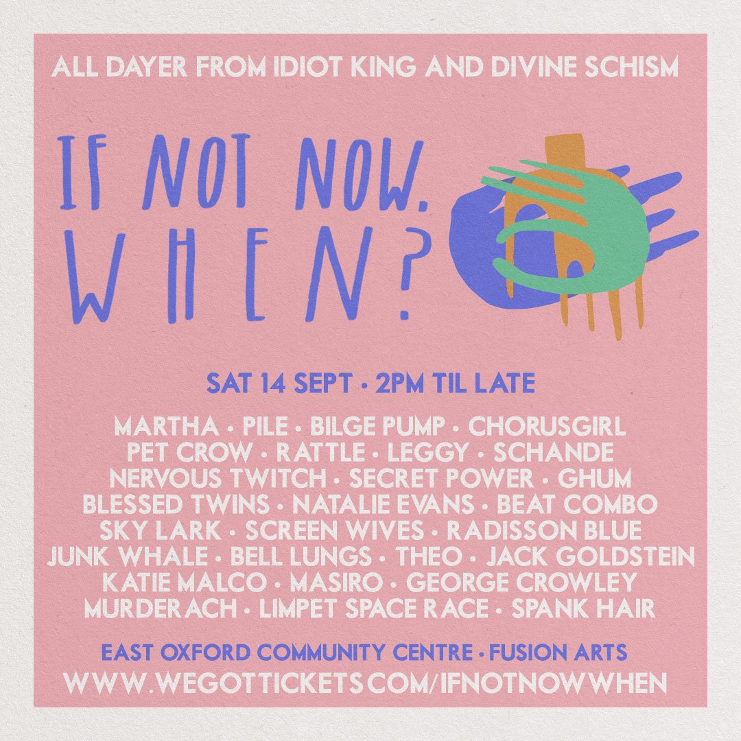 If Not Now, When? (@ifnotnowwhenox) on Twitter photo We're delighted to announce the rest of the lineup for <a href="/ifnotnowwhenox/">If Not Now, When?</a> festival. Say a big hello to.... <a href="/RattleandRattle/">Rattle</a>, <a href="/KatieMalco/">Katie Malco</a>, <a href="/gcrowleymusic/">George Crowley</a>, bell lungs, <a href="/leggyband/">Leggy</a>, @ghumband, <a href="/masiroband/">Masiro</a>, sky:lark!, and <a href="/screenwives/">Screen Wives</a>! We're delighted to announce the rest of the lineup for <a href="/ifnotnowwhenox/">If Not Now, When?</a> festival. Say a big hello to.... <a href="/RattleandRattle/">Rattle</a>, <a href="/KatieMalco/">Katie Malco</a>, <a href="/gcrowleymusic/">George Crowley</a>, bell lungs, <a href="/leggyband/">Leggy</a>, @ghumband, <a href="/masiroband/">Masiro</a>, sky:lark!, and <a href="/screenwives/">Screen Wives</a>!