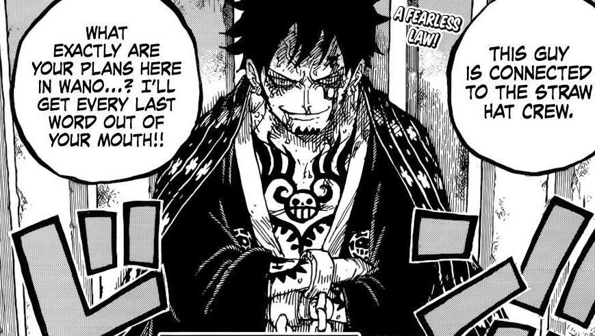 Spoiler! (Di ako makatiis e) When they're trying to make you spill the tea...but there's no tea to begin with because you're allied to a dumbass named Luffy.  Bad ass Law is back.  #OnePiece950