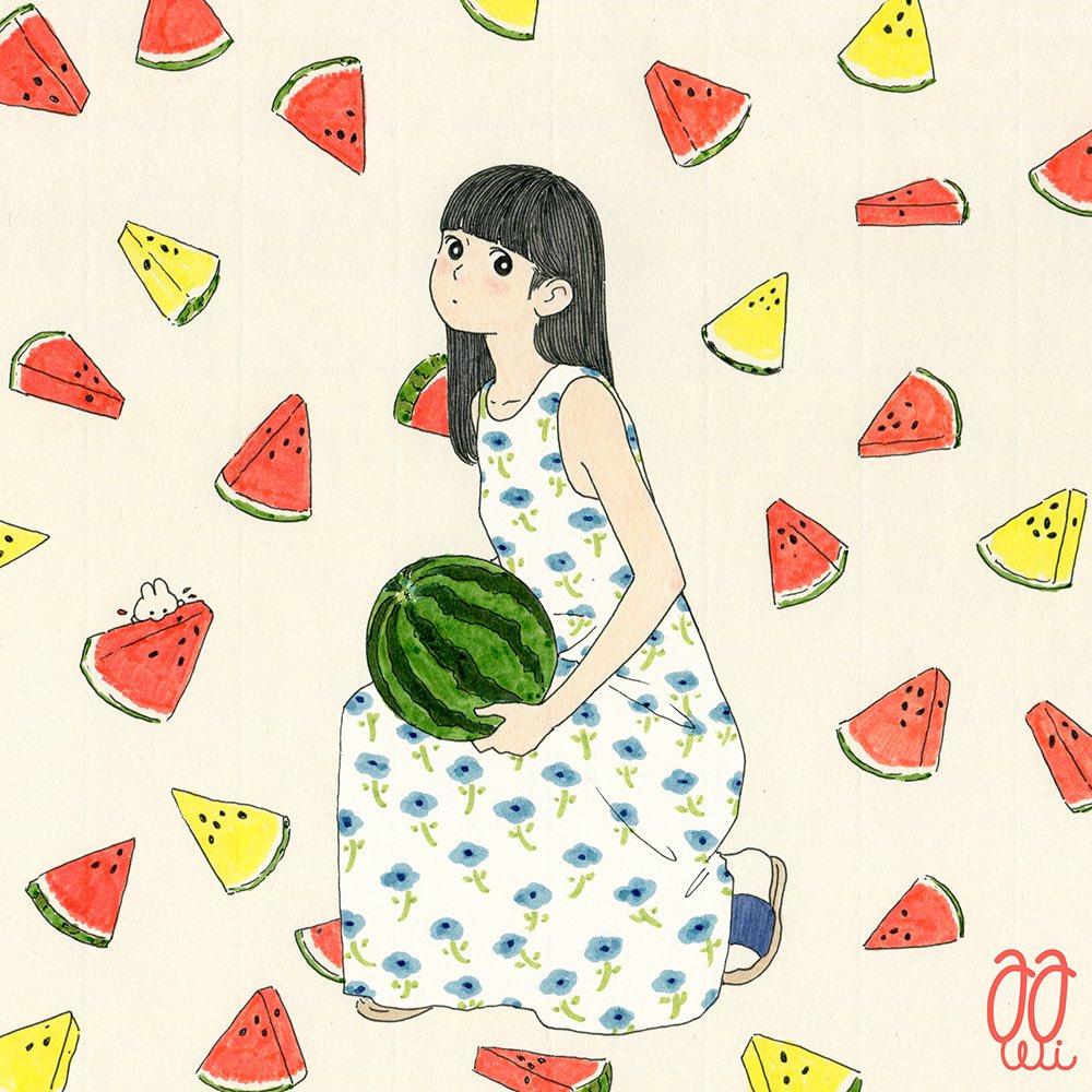 watermelon 1girl fruit food solo dress signature  illustration images