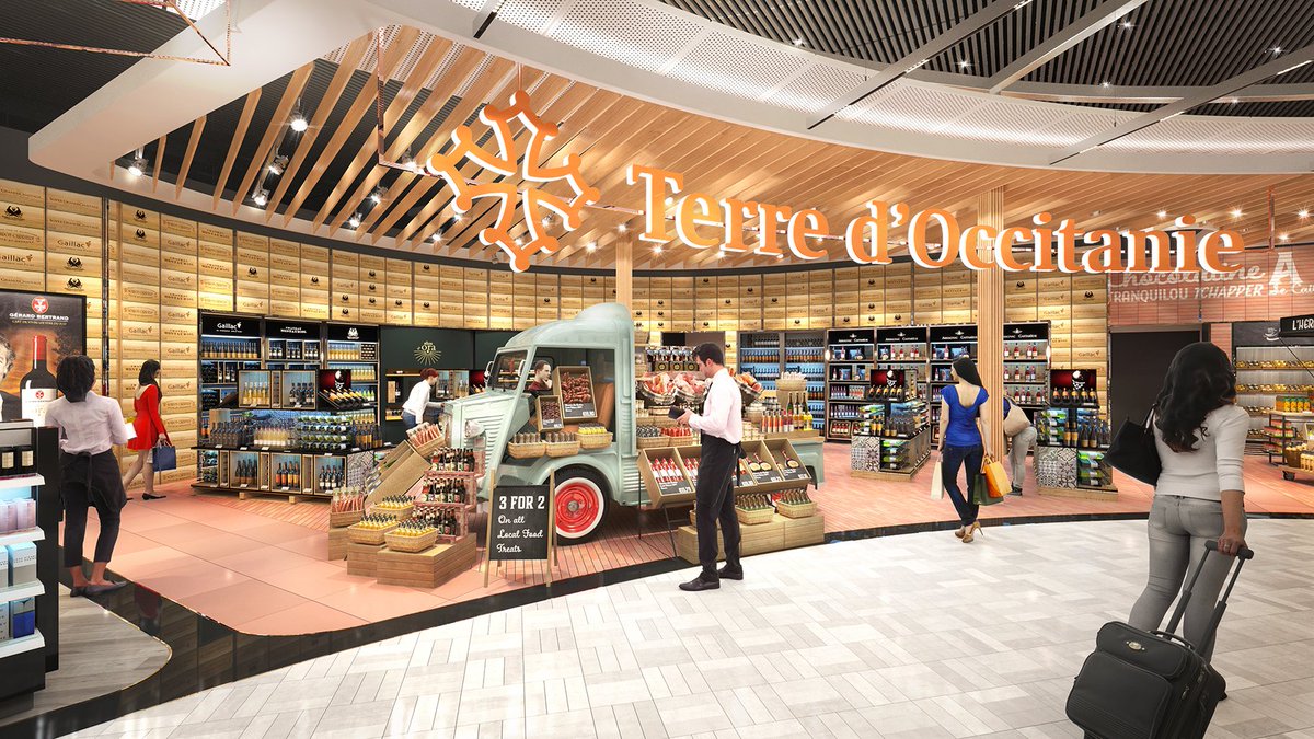 Stunning features in the ‘Terre D’Octaine’ space in the Dufry duty free store <a href="/aeroport_tls/">Aéroport de Toulouse</a> include a back wall seemingly made of traditional wine boxes and a classic Citroen pick-up truck that adds a touch of fun while showcasing specialities of the country. #dutyfree #wine