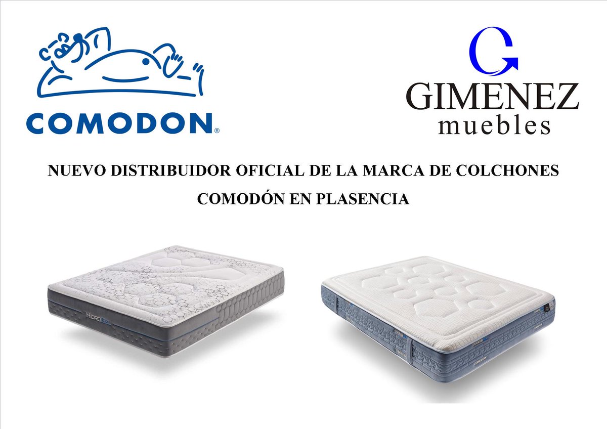 MueblesGimenez's tweet photo. Tenemos el placer de anunciar que Muebles Giménez ha llegado a un acuerdo con la firma de colchones COMODÓN para distribuir en exclusiva sus productos en la ciudad de Plasencia¡¡¡¡
Ya tenemos productos disponibles en nuestra exposición de la Avda. Martín Palomino Nº 47. https://t.co/FochSVgSNR
