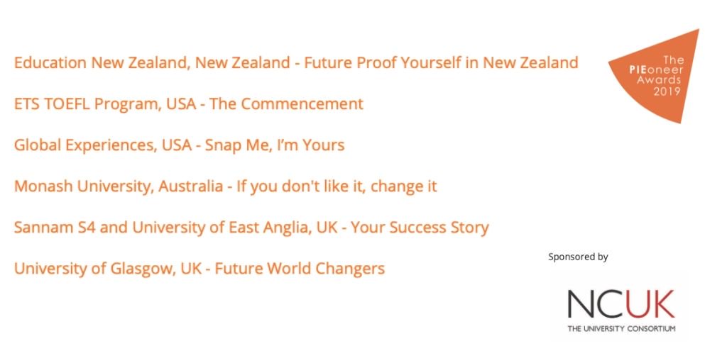 Congratulations to all the finalists in the "Marketing campaign of the year" category! This category is sponsored by <a href="/NCUKTogether/">NCUK</a>. #intled #PIEoneers19