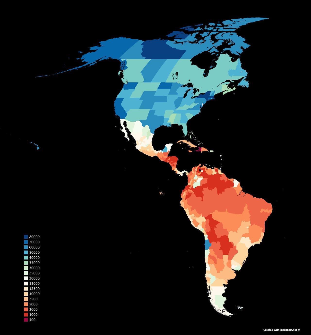 地図フリーク 南北米の各国州別の1人当りgdp T Co Sc78nwtdp8 特に高い州 濃い青 で産出するのは カナダ ノースウェスト準州 ダイヤモンド 金 天然ガス 米 ノースダコタ州 石油 メキシコ カンペチェ州 石油 チリ アントファ