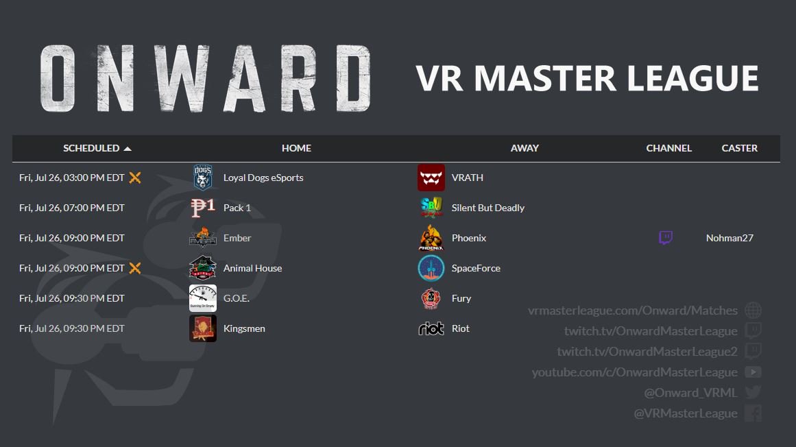 Onward_VRML's tweet photo. It's time for another action-packed Friday!
🌐https://t.co/cC3iNt5pXN
➡️This is @VRLoyalDogs 1st VRML match, GLHF!
➡️@nohman27 is bringing you Ember vs Phoenix, LIVE on📺https://t.co/RdI3nm5BKg
#VResports #VRFPS #OnwardVR https://t.co/ME54bGD4Lp