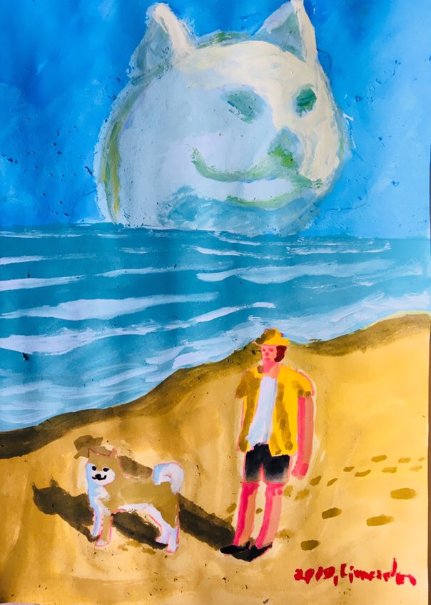 Lioncider 砂浜を散歩 海に来た Illustration Drawing Sea Came Cloud Shibainu Family Sandybeach Image Art Colorful Acrylicpaint Picture Painting イラスト アート アクリルガッシュ 絵の具 ドローイング 絵