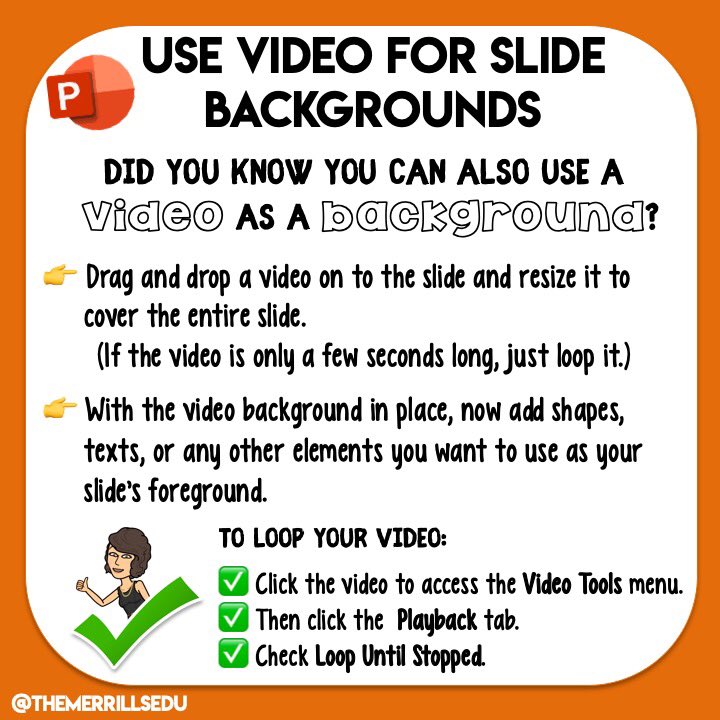 themerrillsedu's tweet image. 🚨Tech Tip🚨
👉🏻 Amp up any presentation by using video as a background!
#interACTIVEclass #teachingtech #edtech #techteacher