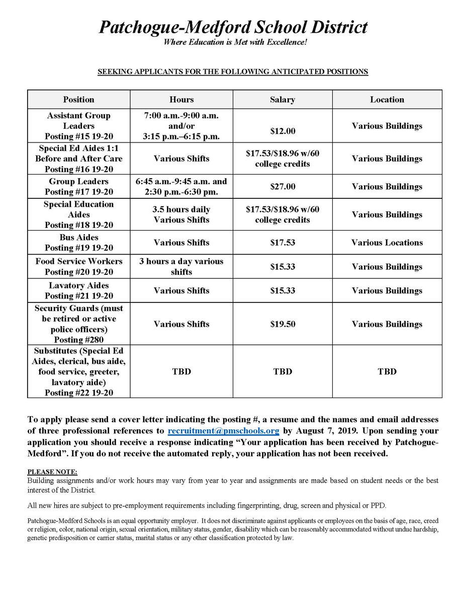 Patchogue-Medford is hiring! Come be a part of our dynamic team! Apply at recruitment@pmschools.org. @PatMedSchools