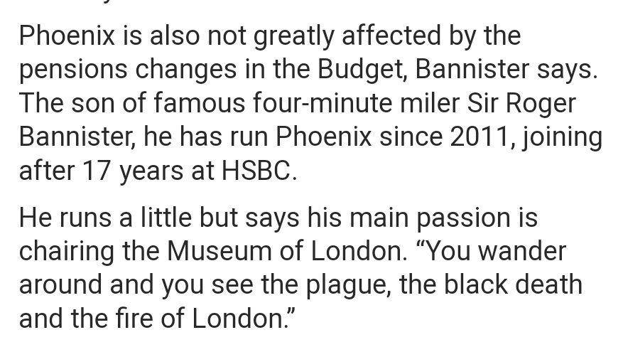 Clive Bannister switched from HSBC to head Phoenix and is the son of Roger Bannister, the first man to run a mile in under 4 minutes. Sebastian Coe, close friend of William Hague, led the tributes to Roger Bannister in 2018. https://www.dailymail.co.uk/news/article-5460015/Sir-Roger-Bannister-dies-aged-88-Oxford.html https://www.vanityfair.com/news/2019/07/jeffrey-epsteins-financial-black-book