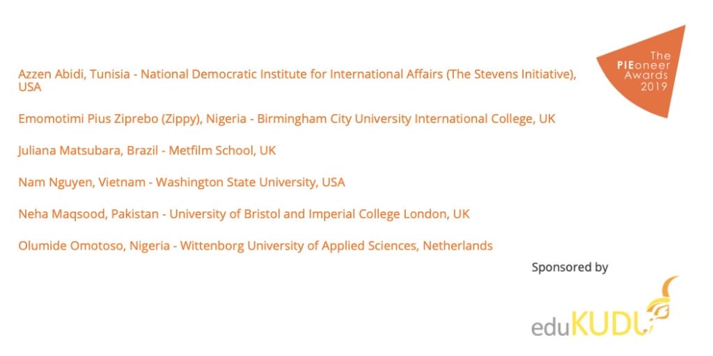 Congratulations to all finalists in the "International alumni of the year award" category! This category is sponsored by <a href="/eduKUDU/">eduKUDU</a>. #intled #PIEoneers19