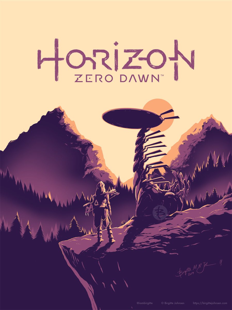 Horizon Zero Dawn fan art poster; Aloy watches the sun set as a Tallneck walks past, painted in purples and oranges.