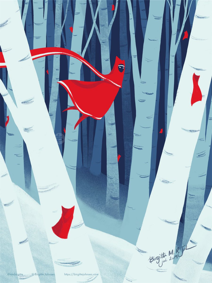 Journey fan art image, not true to the game: The character is floating through a snowy forest; The cloth creatures are hiding behind the trees, curious, but cautious of the character.