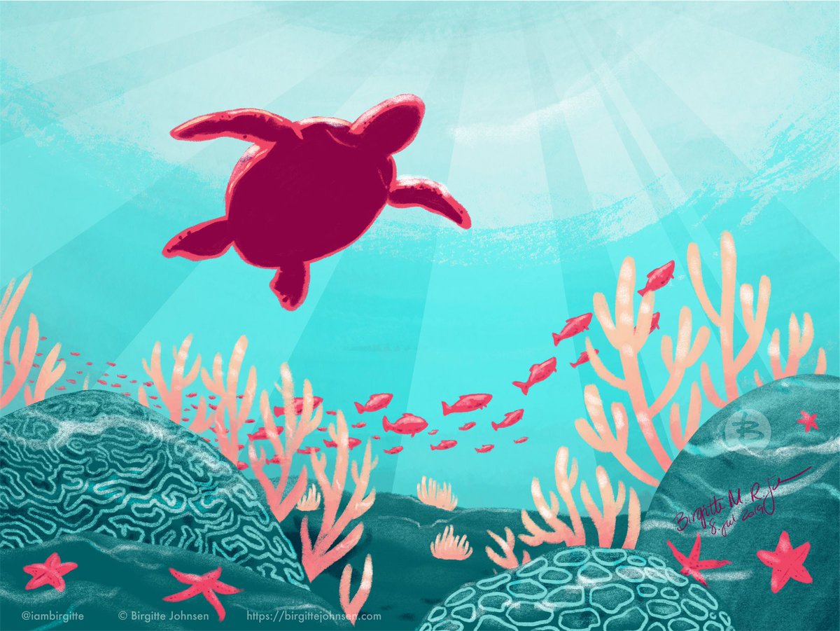 An underwater scene with a turtle swimming above the coral reef and a school of fish swimming past. Painted with a limited colour palette in hues of teal, pink and cream.
