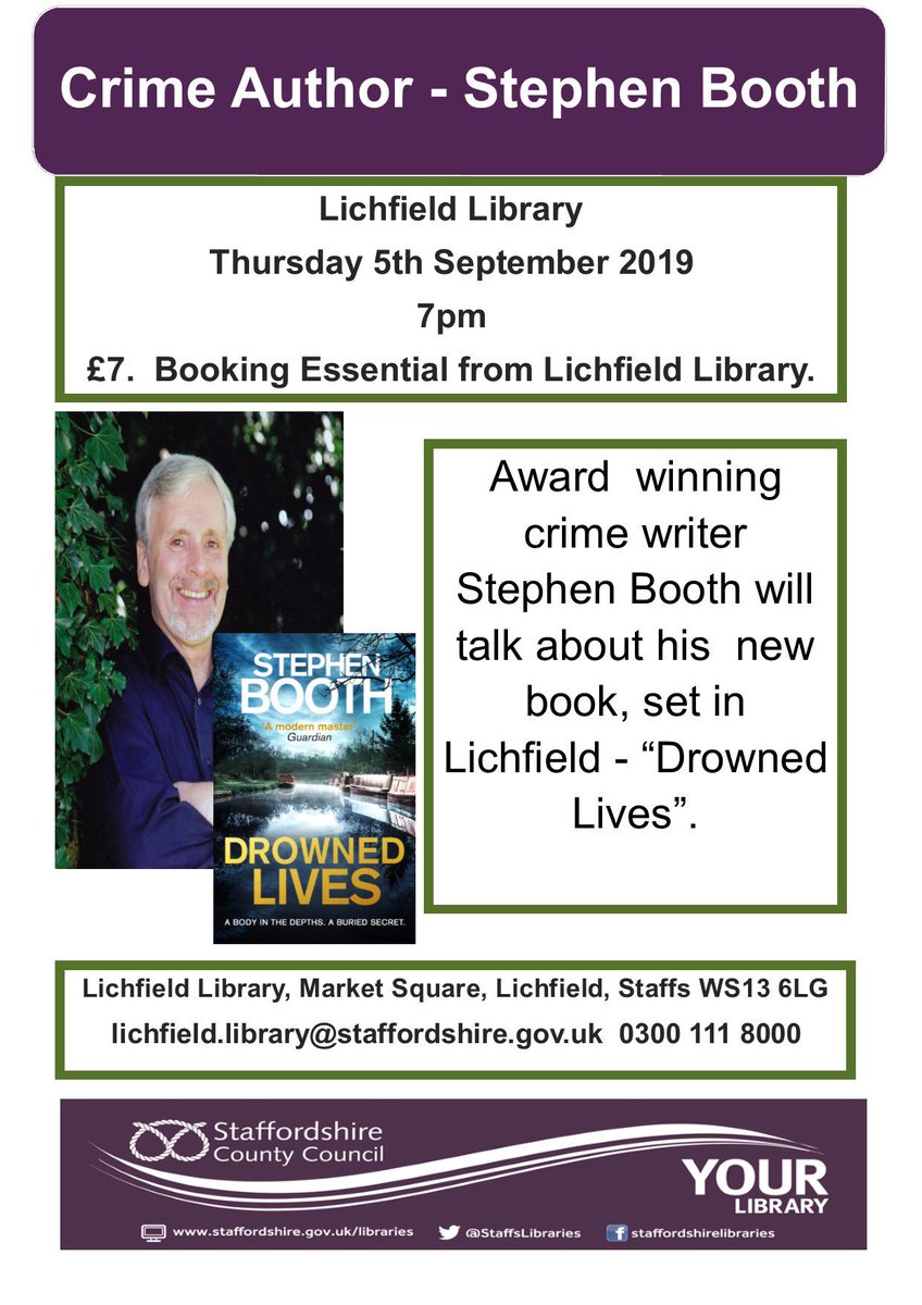 #LIchfieldLibrary is excited to welcome Crime Writer Stephen Booth to talk about his new book #DrownedLives out in August & set in #Lichfield.Book tickets @StMsLich @sueball011 @CatherineMann_ @janene_cox @CrimeReads @crimereaders @CriFiLover @Crimenovels