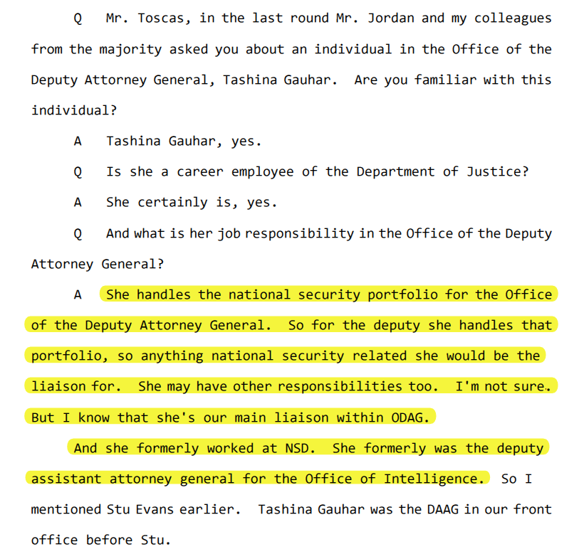 Tashina was transferred from NSD, had a very close working relationship w/ Deputy AG Sally Yates (before transferred to Rosenstein)."All aspects of the NSD went through Tashina."