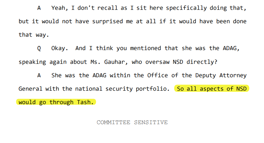 Tashina was transferred from NSD, had a very close working relationship w/ Deputy AG Sally Yates (before transferred to Rosenstein)."All aspects of the NSD went through Tashina."