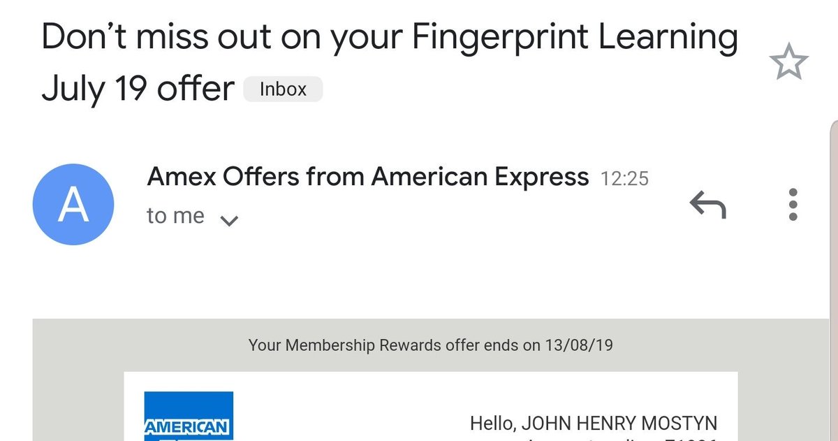 I'm not 100% sure you intended an email campaign with a highly targeted micro offer go out with this subject line <a href="/AmexUK/">American Express UK</a> ? Kind of takes the romance out of it all