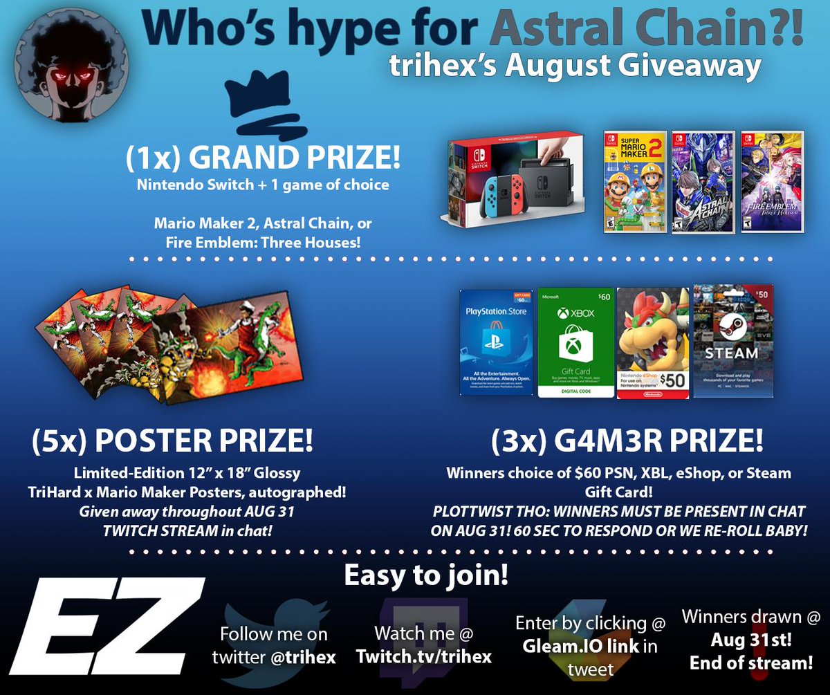 AUGUST GIVEAWAY!

The Hexmen have demanded MORE WINNERS! Demanded MORE HYPE! Demanded ... MORE GIVEAWAYS! Let's go!

9 winners, more prizes, all love! You guys like how the G4M3R PRIZE winners will be in chat? :^)

RT &amp; Enter @ gleam.io/bCeKr/august-t…