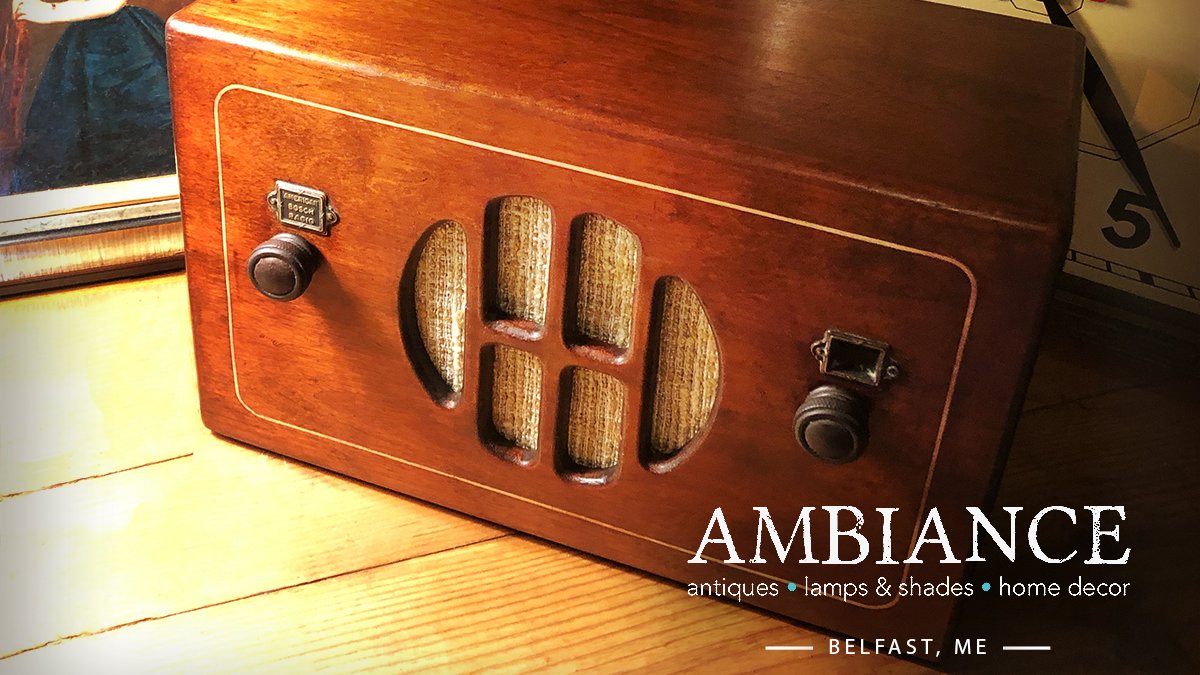 ShopAmbiance's tweet photo. COMING TO THE SHOP THIS WEEKEND! Play anything from your phone or Bluetooth device to this 1932 Model 205, United American Bosch Radio. Restored and modernized by Thierry, you won't believe the sound quality. Wed-Sat, 11am-5:30pm. 125 Main Street in Belfast, ME. (207) 505-0116. https://t.co/AoUEypqHpM