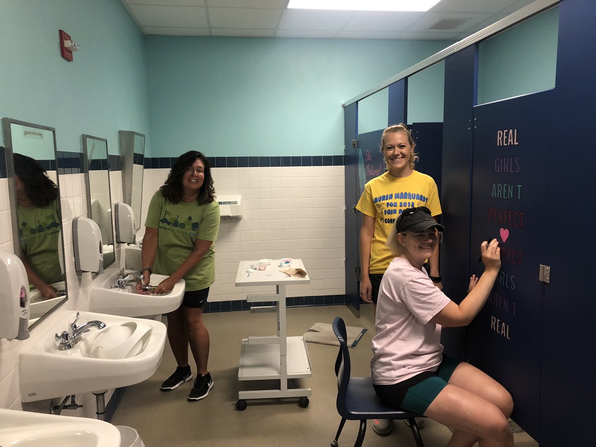hbeth1's tweet photo. So happy to be a part of this family!  Teachers giving up their time to paint motivational quotes in the student bathrooms! Looking forward to a great year! #highmountproud @geowilkerson https://t.co/xiEXgY9Thu