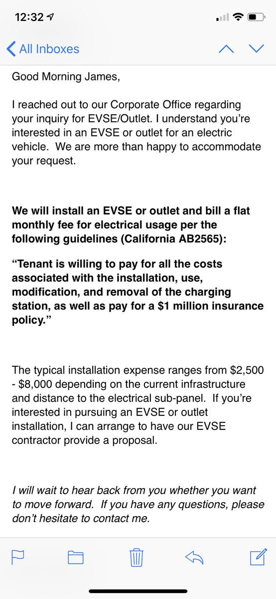 jameshedland's tweet image. I rent, but @EssexProperties thinks asking me to pay nearly $10k + electricity and insurance for an EV charger in 2019 is okay. #disgusting #needtocharge #getwiththetimes @elonmusk @GavinNewsom #makeitalaw #homecharging @Tesla