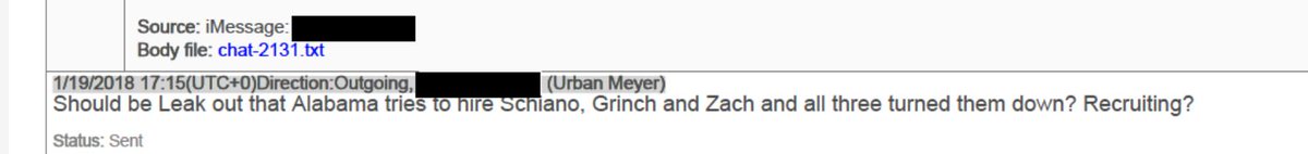 kevin_stank's tweet photo. Scanning the Ohio State email/text dump, and found this one in which Urban Meyer appears to propose leaking that Alabama tried to hire Greg Schiano, Alex Grinch and Zach Smith. https://t.co/mIaHACCkdC