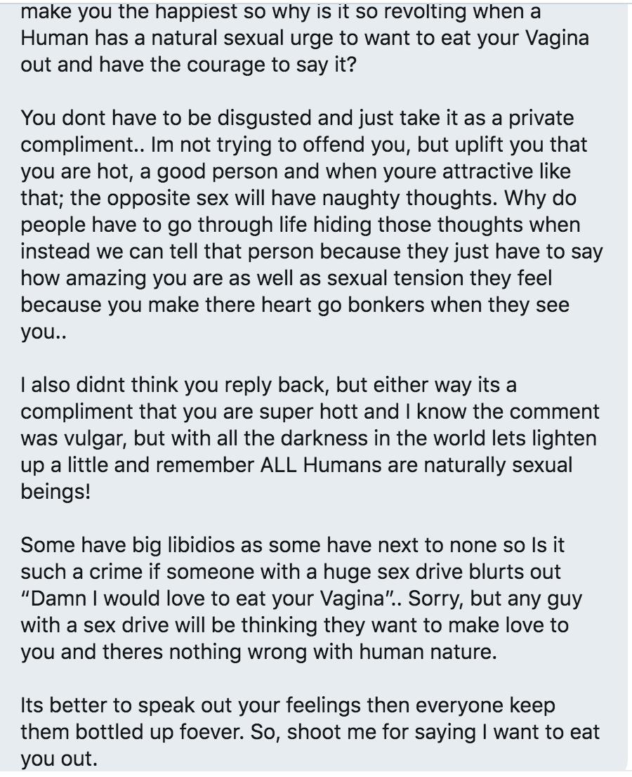 HEY
Can you disgusting neanderthals stop typing with your dick in your hand and get some common fucking sense and stop sending nasty garbage to women on the internet? 
I will never fuck you and I most certainly do not want to hear about how you'd like to fuck me.  VILE.