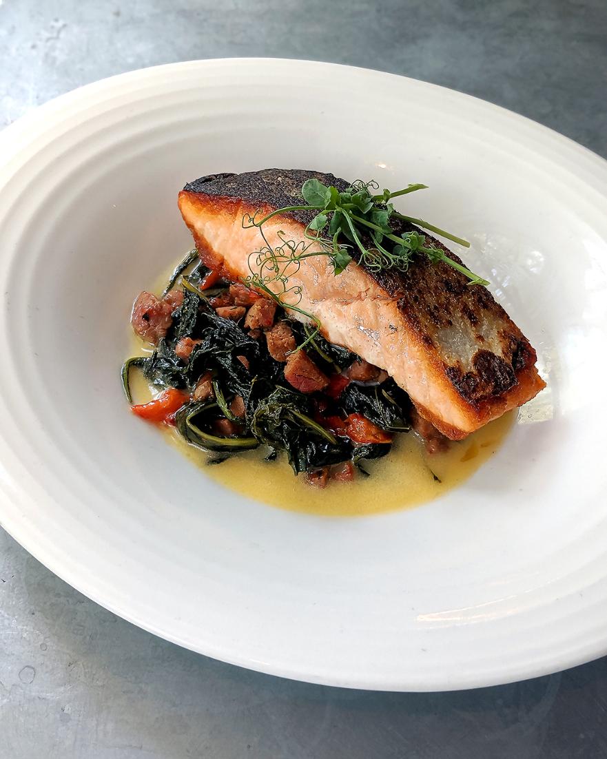 JohnnysBmore's tweet photo. Restaurant Week starts today! $35 three-course dinner menu featuring Pan Seared Salmon, Braised Kale, Andouille Sausage, Charred Peppers, Lemon Butter Sauce. #baltrw #foremanwolf #johnnysbmore #rolandpark #baltimorerestaurants https://t.co/gERVGwr7Nv