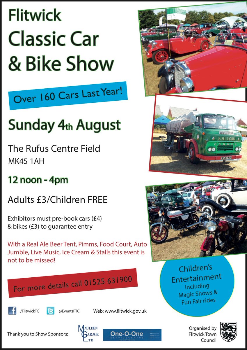 Can't wait until Sunday for the Classic Car &amp; Bike Show at @RufusCentreFTC. Over 160 classic cars, bikes and trucks exhibiting.  Live music, children's entertainment, beer tent, Pimm's, ice cream, auto jumble and lots more!  Join us between 12 noon and 4pm. #Flitwick #classiccars