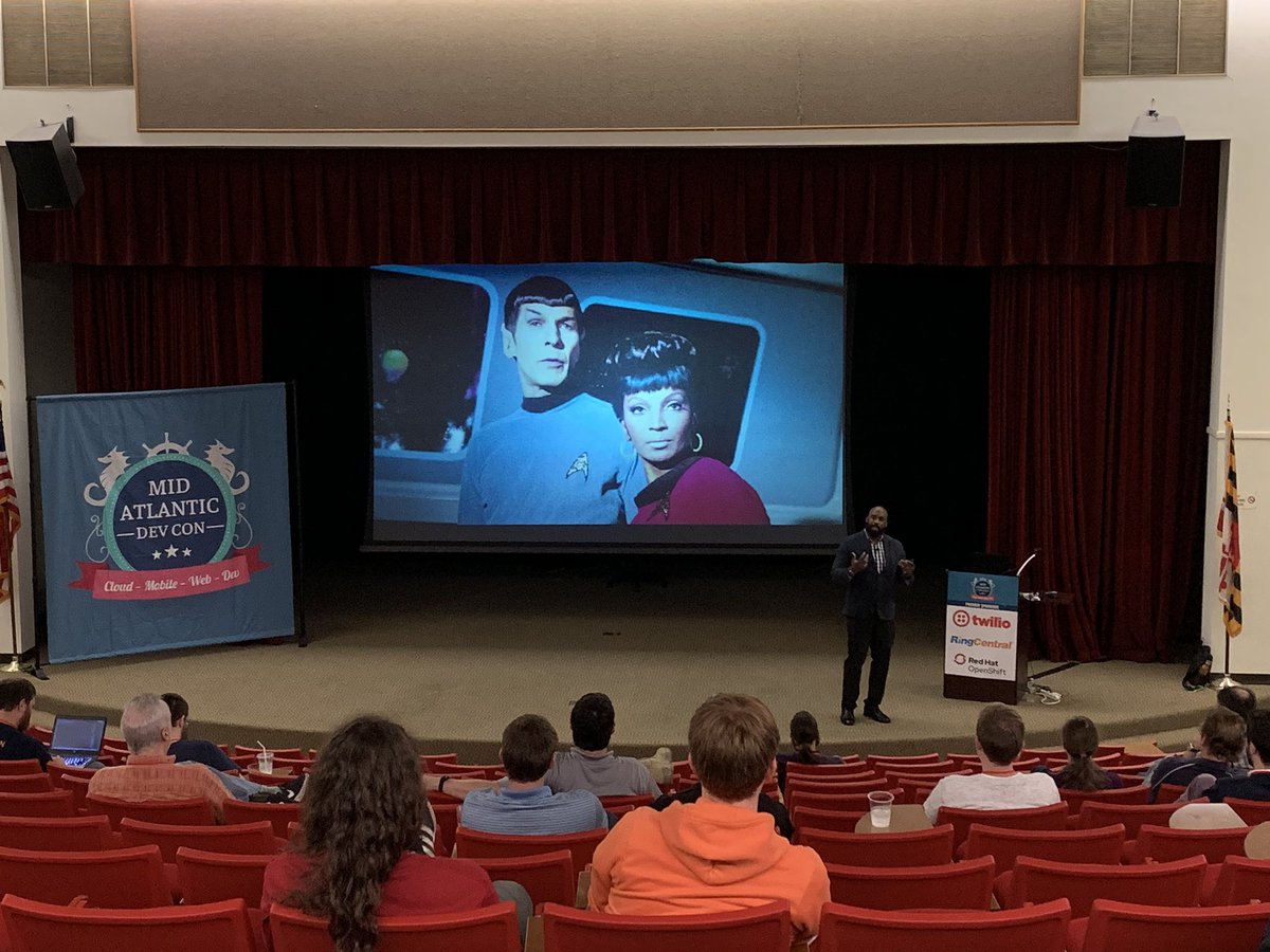 MidDevCon's tweet image. Closing keynote from @anjuan about lending privilege is going strong (and with Star Trek references)! #middevcon