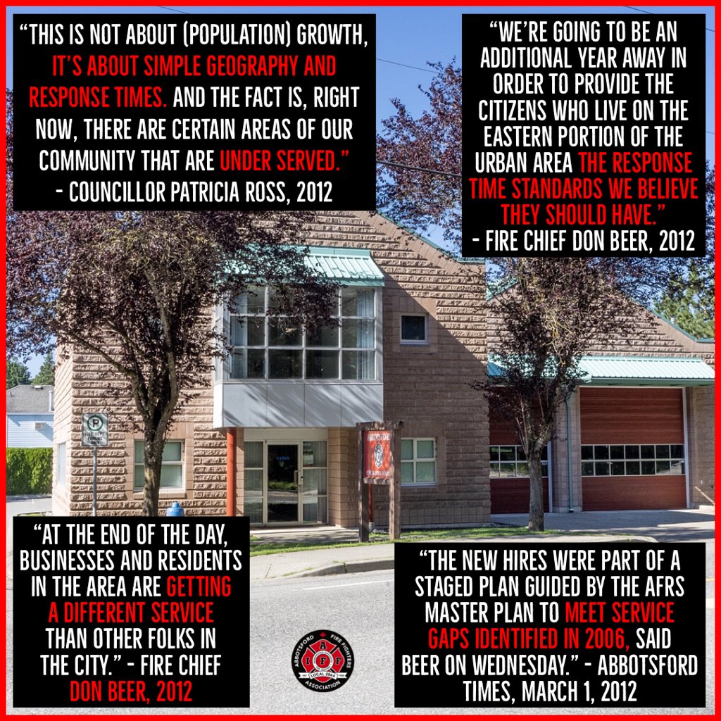 TO THE RESIDENTS OF SANDY HILL/AUGUSTON/NORTH EAST ABBOTSFORD: The arguments we are making for adequate response times to your area are not new. The link leads to more information and an email list to your city councillors so you can voice your opinion. 
abbotsfordfirefightersassociation.com/fire-chief-quo…