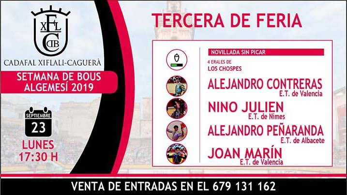 vicentperis10's tweet photo. Ya puedes comprar las entradas para las novilladas de la Setmana de Bous d’Algemesí 2019 en el Cadafal Xiflali-Caguerà. #setmanadebousalgemesi #setmanadebous #algemesienfestes #algemesi #novilladas #rejoneo #rejoneadora @verdeguer @arevaloOK @RomanCollado https://t.co/V6YkC7v5F2