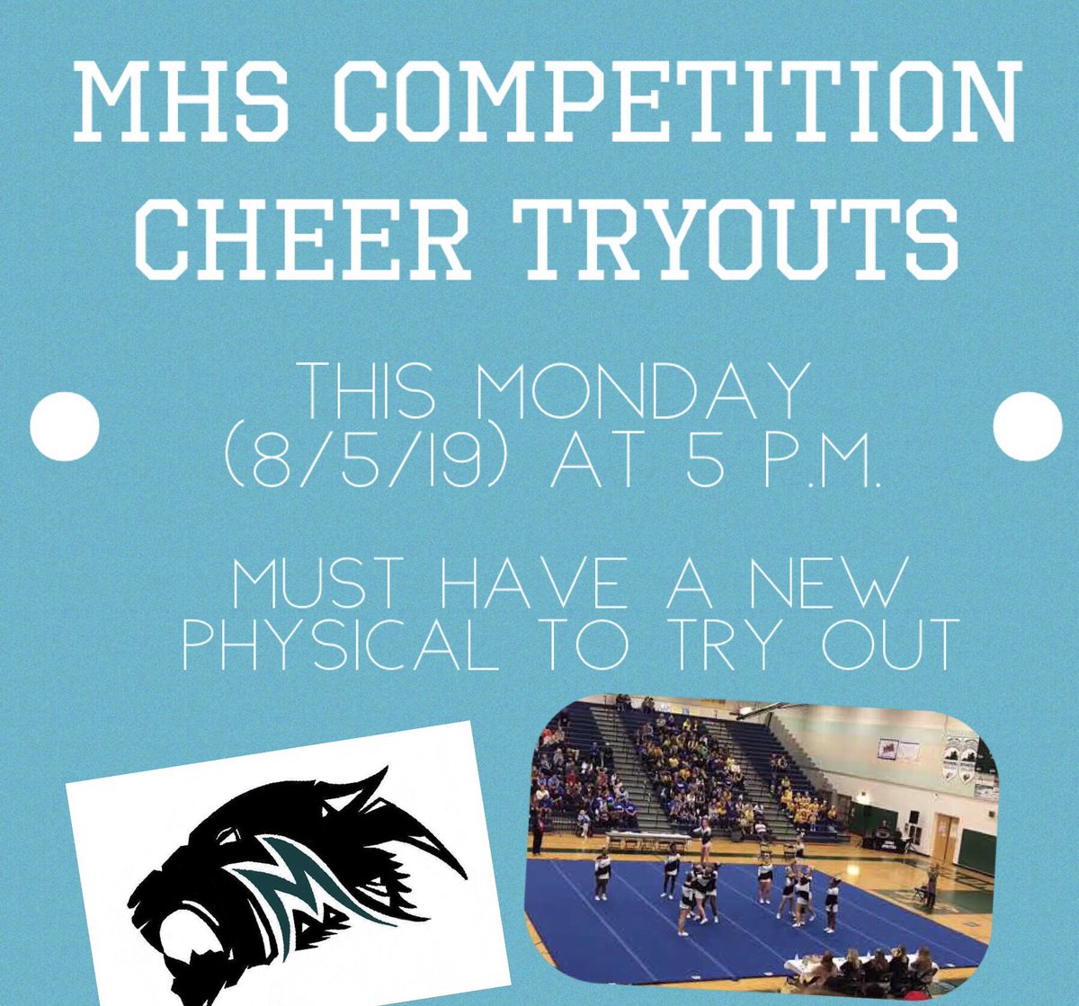 ATTENTION: Have you ever wanted to compete on a competition cheer team? Well now’s your chance! Tryouts for the 2019 MHS Competition Cheer Team is THIS Monday (8/5/19) starting at 5pm. You must have a new physical to try out. See you then!