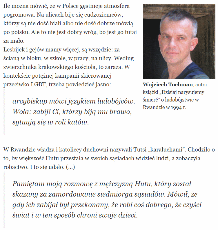boklazec's tweet photo. To język ludobójców - tak skomentował słowa abp. Jędraszewskiego o „tęczowej zarazie” Wojciech Tochman, reporter, autor książki o ludobójstwie w Rwandzie.
https://t.co/QGTVsbAyOS https://t.co/IKWZkLMnMz