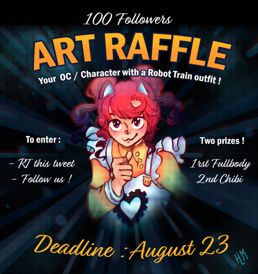 RobotFanTrains's tweet photo. LOTERIE DES 100 ABONNÉS
Merci d'être aussi nombreux à nous encourager !
Tentez de gagner votre oc ou votre personnage préféré :
1er prix :  cosplayé en Robot Trains (fullbody)
2ème prix : cosplayé en wagon (chibi)
Pour cela il suffit RT ce tweet et de nous suivre !
Bonne chance ! https://t.co/oNSdhtcmOh