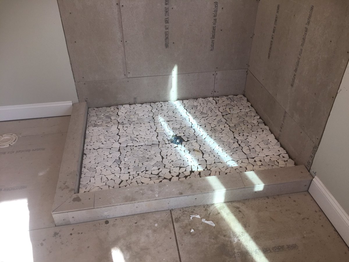 claygandy's tweet photo. “Shower Floor Tile Installation” at Miloiu house project. #MiloiuHouseWoodruffSC https://t.co/6UtMqZd0mo