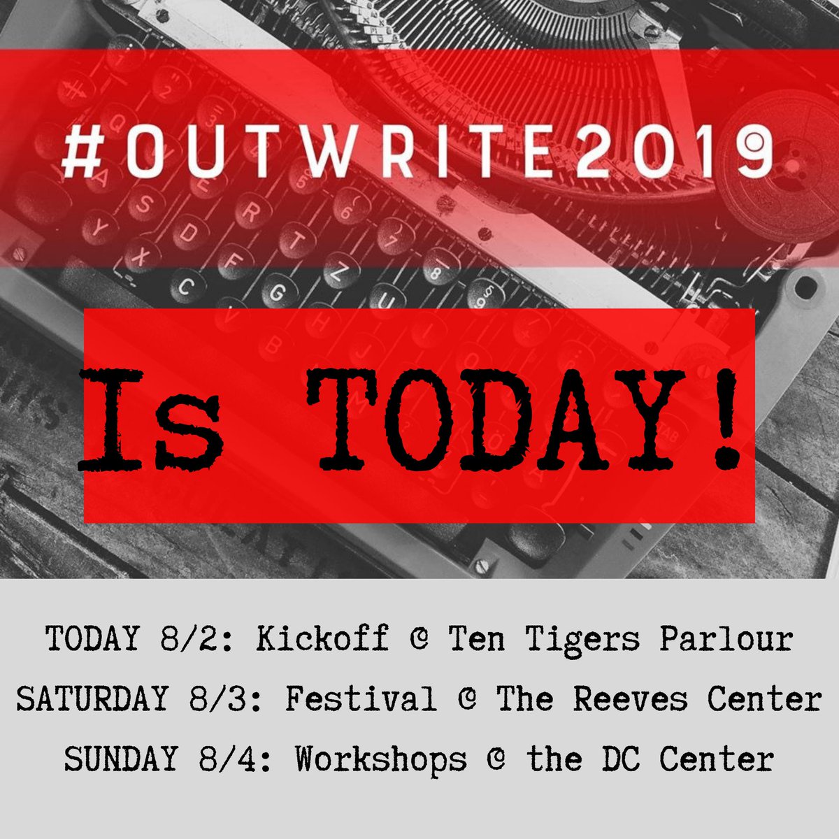 queertheatredc's tweet photo. OutWrite starts TODAY at 6:30 at @TenTigersDC! And don't forget the rest of the events this weekend at the Reeves Center -- tomorrow's FESTIVAL and Sunday's WORKSHOPS! We're excited to see you here! #OutWrite2019 @OutWriteDC @TheDCCenter https://t.co/Ao7uOZbNE7
