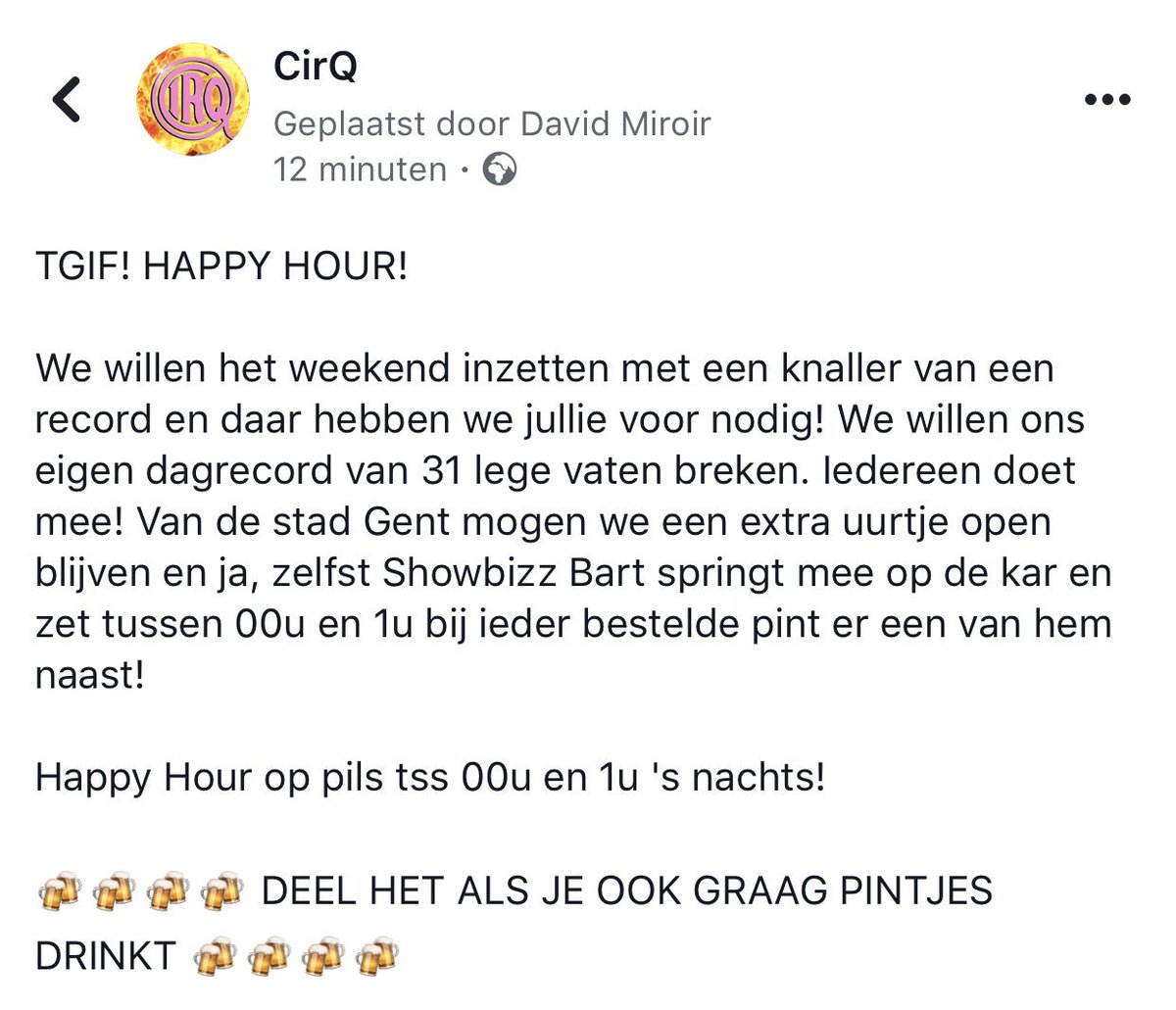 🍺🍺🍺🍺🍺
HAPPY HOUR! 

BREEK MEE 
MET ONS 
HET RECORD 
VATEN LEGEN 
VANAVOND!
🍺🍺🍺🍺🍺

#GF19 #BATASTUNT