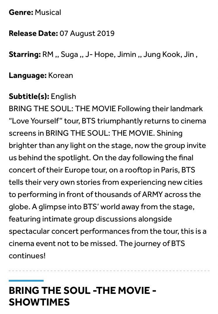 jyzj23's tweet photo. Hello @voxcinemas Please kindly correct the cast of ‘Bring the Soul’ Movie on your website. BTS is consist of 7 members, you missed a member, V. This problem could’ve been avoided, if you had been more careful and professional about this. Thank you ​​. https://t.co/RaksQlTgq5