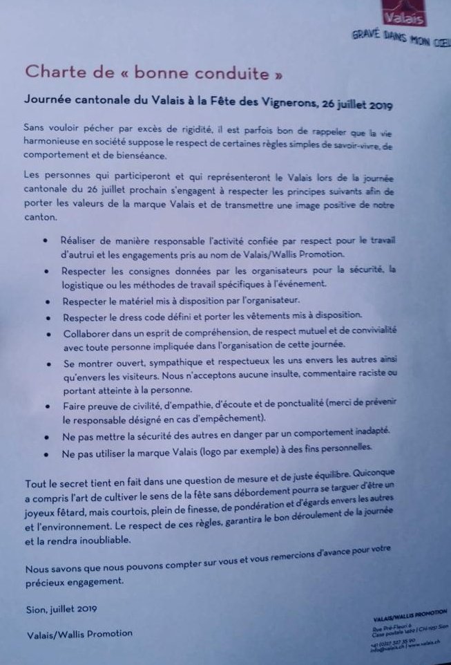 On ne plaisante pas à la #fevi19. Valais Wallis Promotion a préparé un règlement à l'attention des bénévoles de la journée valaisanne.
