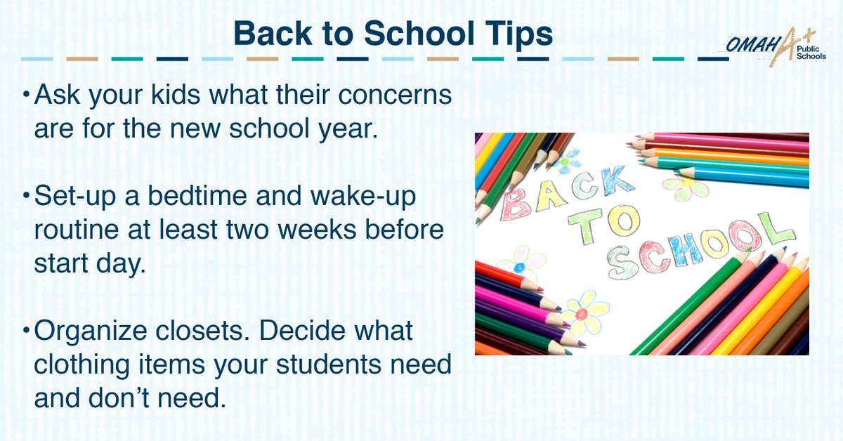 OmahaPubSchool's tweet photo. Summer vacation is winding down! Here are three tips to help you get into the #backtoschool routine. #FallReadiness https://t.co/63yo0KERmn