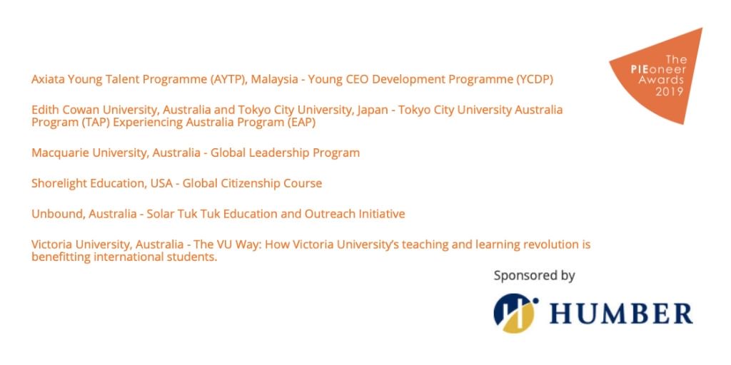 Congratulations to all finalists in the "Progressive education delivery award" category! This category is sponsored by <a href="/humbercollege/">Humber</a>. #intled #PIEoneers19