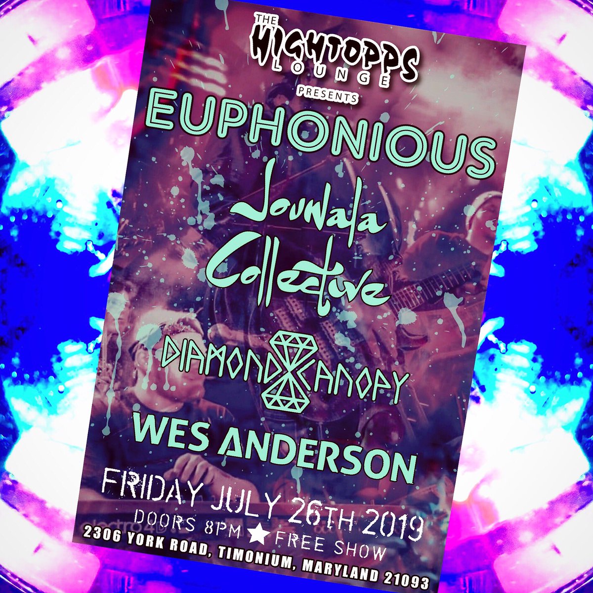 🌞TONIGHT!!! JOCO hits Timonium, MD for a FREE concert at the Hightopps Lounge. It’s a loaded bill featuring Euphonious, Diamond Canopy &amp; Wes Anderson. Don’t miss this excellent night of high-quality grooves!