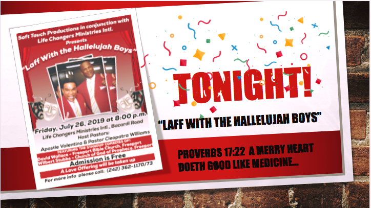 LCMIBahamas's tweet photo. Tonight is the night!! We want to pack the house to support these two amazing artists from Freeport, Grand Bahama. Its going to be a time of fellowship, fun and most all LAUGHTER! Admission is absolutely FREE and the show starts promptly at 8 p.m. See you there!! https://t.co/H0BGmReXHC