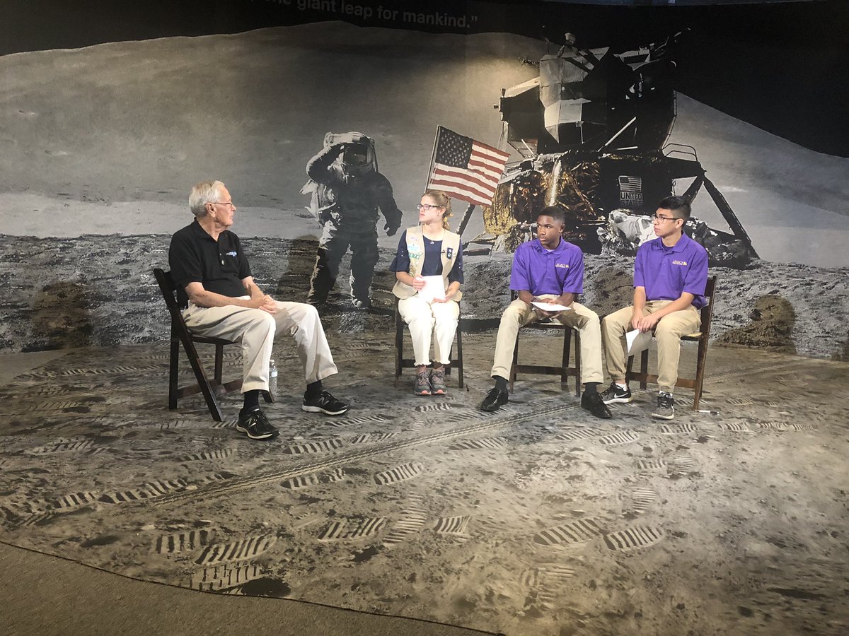 TV_Kaity's tweet photo. Two @NewsHour @reportinglabs students from @LegacyhighSRL interview Astronaut Charles Duke! They are joined by Girl Scout Morgan. Available on facebook: https://t.co/C0q6PCufQH #ChasingTheMoonPBS https://t.co/3a0GWnmf3p