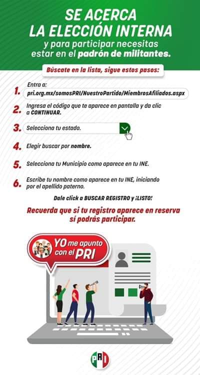 #Priista, nuestro partido se transforma en un proceso democrático y transparente.

Para participar el 11 de agosto, tu nombre debe aparecer en el padrón validado por diferentes instancias y para confirmarlo, consulta la página pri.org.mx/somosPRI/Nuest… y sigue estos sencillos pasos