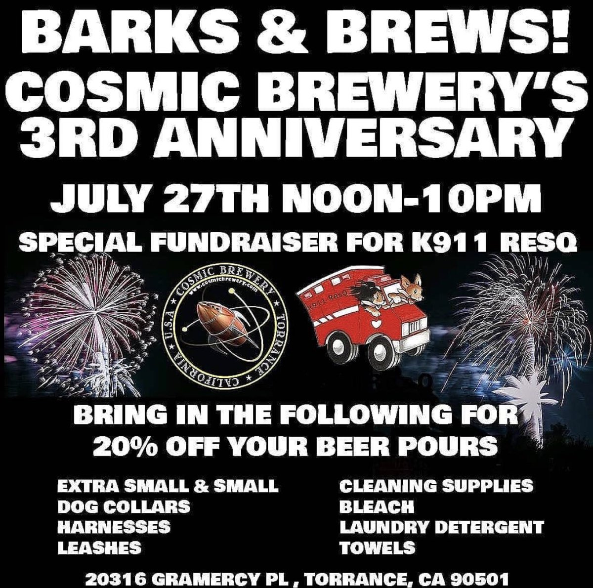 This Saturday!! Celebrating <a href="/CosmicBrewery/">Cosmic Brewery</a> 3 year anniversary!! And helping <a href="/K911ResQ/">K911ResQ</a> raise money for senior dogs and those with special needs!!! If you can’t make it .. please share!