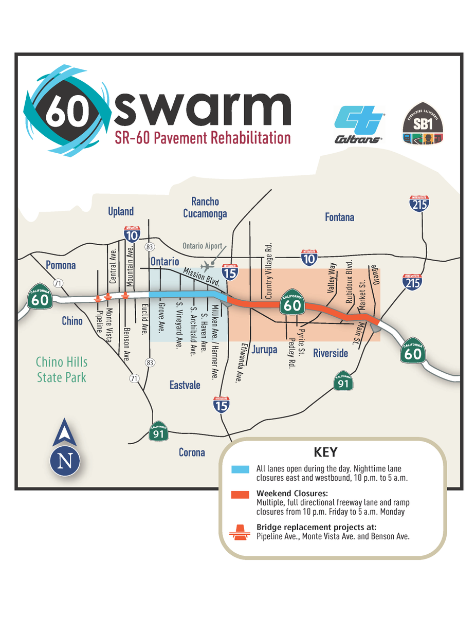 Caltrans8's tweet photo. REMINDER: Starting tonight, at 10 p.m. Friday July 26, eastbound SR-60 will be closed to undergo a pavement rehabilitation project. The closure will lift late Sunday evening. Westbound SR-60 will remain open. #60SWARM #Caltrans8 https://t.co/mnBFgMiZ6k